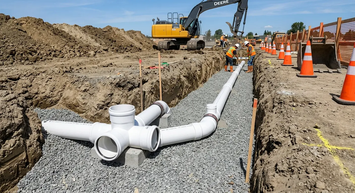 New PVC sewer pipe installation in open trench for Commercial Drain Cleaning in Colebrookdale