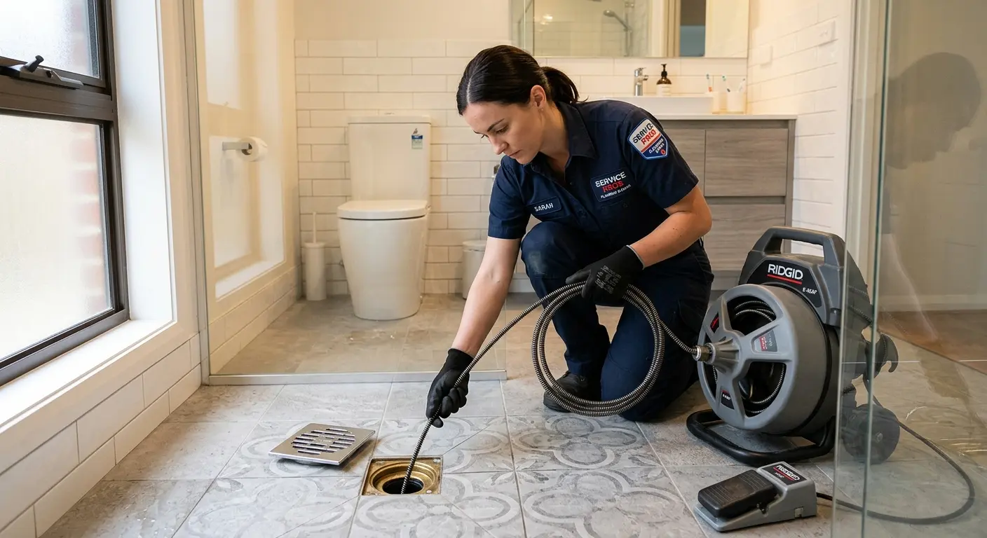 Technician clearing a bathroom floor drain for Clogged Drain Repair in Colebrookdale